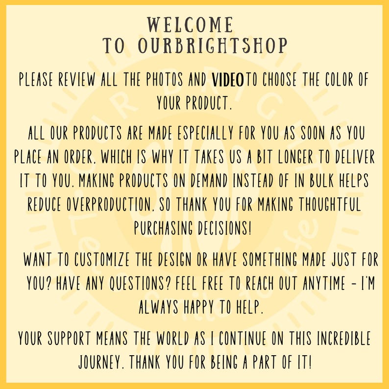 May include: Welcome to OurBrightshop. Text on a yellow background with the message: "Please review all the photos and video to choose the color of your product."