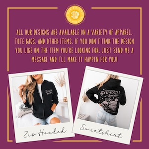 May include: Image featuring a zip-up hooded sweatshirt and a sweatshirt, both black. The text on the zip-up hoodie reads "ANTI-SOCIAL BOOK CLUB". The image also includes the text "ALL OUR DESIGNS ARE AVAILABLE ON A VARIETY OF APPAREL".