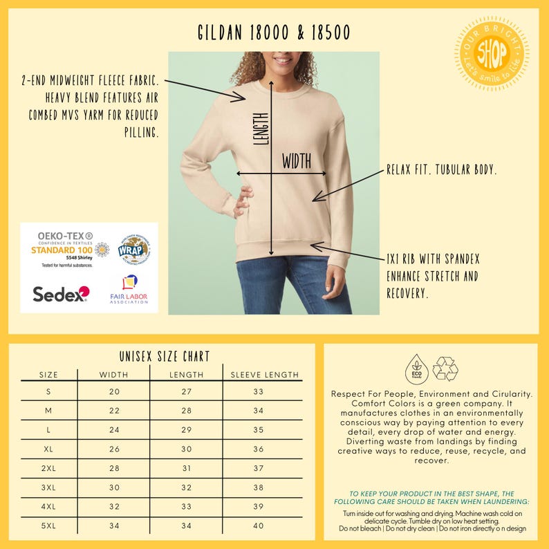 Peut inclure: Un sweat-shirt unisexe beige Gildan 18000 & 18500, coupe d&eacute;contract&eacute;e et corps tubulaire. Il pr&eacute;sente une c&ocirc;te 1x1 avec &eacute;lasthanne pour une extensibilit&eacute; et une r&eacute;cup&eacute;ration am&eacute;lior&eacute;es. L'image comprend un tableau des tailles.