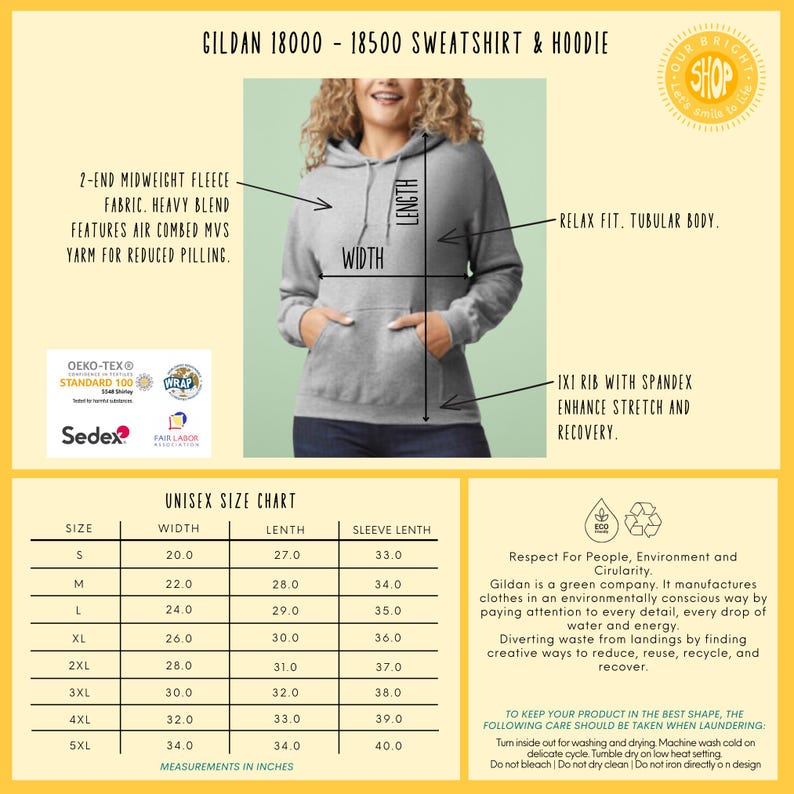 May include: Unisex size chart for a gray hooded sweatshirt with a relaxed fit and tubular body. The chart shows measurements in inches for width, length, and sleeve length for sizes S through 5XL. The sweatshirt is made of a 2-end midweight fleece fabric with a heavy blend of air combed yarns for reduced pilling. The sweatshirt features a 1x1 rib with spandex for enhanced stretch and recovery.