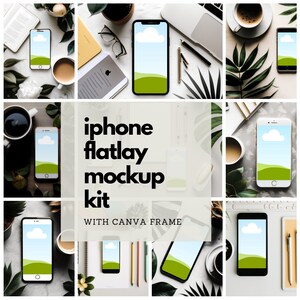 May include: A collection of iPhone flatlay mockups with a Canva frame. The image features multiple smartphones with a sky and green landscape design on the screen, surrounded by coffee cups, plants, and stationery.
