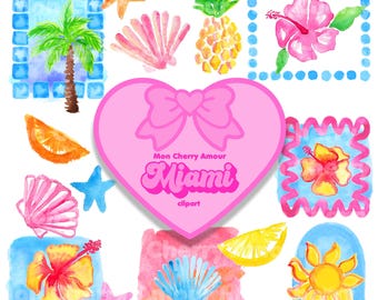 Tropischer Sommer Aquarell Clipart PNGs Obstschalen Beachy Hawaiian Pastel Tile Hibiskus Küsten Chic