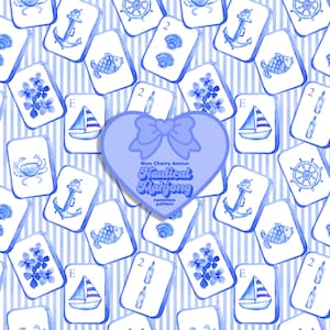 May include: A seamless pattern featuring blue and white nautical illustrations on mahjong tiles, including anchors, sailboats, crabs, fish, seashells, and flowers. A central heart-shaped label displays the text Mon Cherry Amour Nautical Mahjong.