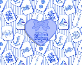 Kustnära Mahjong-plattor - Beachy Mahjong sömlöst mönster - Nautisk Mahjong - Grandmillennial Randig Blå & Vit Preppy
