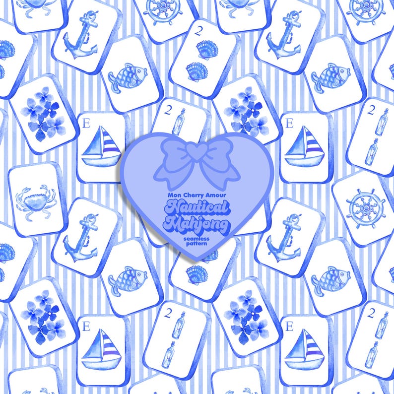 May include: A seamless pattern featuring blue and white nautical illustrations on mahjong tiles, including anchors, sailboats, crabs, fish, seashells, and flowers. A central heart-shaped label displays the text Mon Cherry Amour Nautical Mahjong.