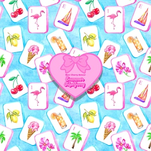 May include: A watercolor pattern featuring Mahjong tiles with various summer-themed illustrations, including cherries, lemons, ice cream cones, and cocktails. A pink heart with a bow and the text "Mon Cherry Amour Summer Mahjong" is in the center. The background is a light blue watercolor wash.