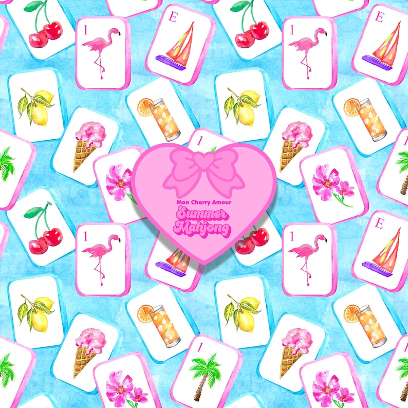 May include: A watercolor pattern featuring Mahjong tiles with various summer-themed illustrations, including cherries, lemons, ice cream cones, and cocktails. A pink heart with a bow and the text "Mon Cherry Amour Summer Mahjong" is in the center. The background is a light blue watercolor wash.