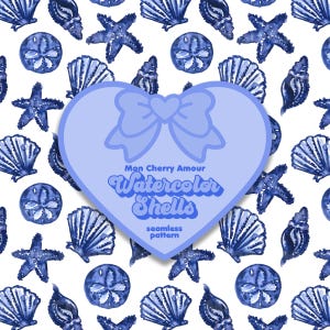 Coastal Granddaughter Seamless Pattern Hand Painted Watercolor Shells Preppy Grandmillennial Blue