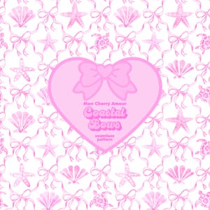 May include: A pink heart-shaped graphic with the text "Mon Cherry Amour Coastal Bows seamless pattern". The background is a white seamless pattern of pink bows, seashells, starfish, and sea turtles.
