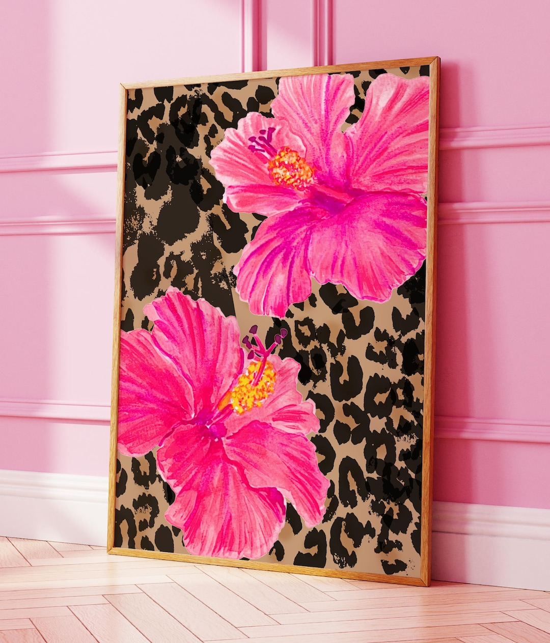 L’Appartement Hibiscus Print All In One Leopard Hibiscus Watercolor Print: Tropical Pink Cheetah Wall Art