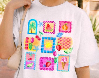 Watercolor Summer Collage PNG: Tropical Fruits & Florals (Digital Download)