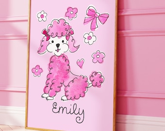 Arte de pared de caniche rosa, arte infantil personalizado, impresión personalizada con nombre para niños, ilustración caprichosa de mascota pintada a mano #NoAI, estilo moderno de mediados de siglo