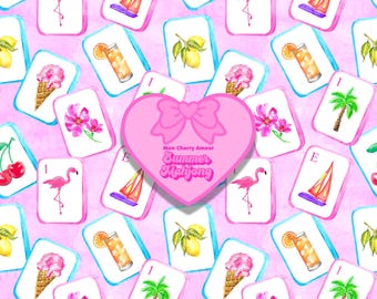 Summer Mahjong Tiles Seamless Pattern Spanish Islands Tropical Vacation Preppy Aesthetic Pink Hand Painted Watercolor