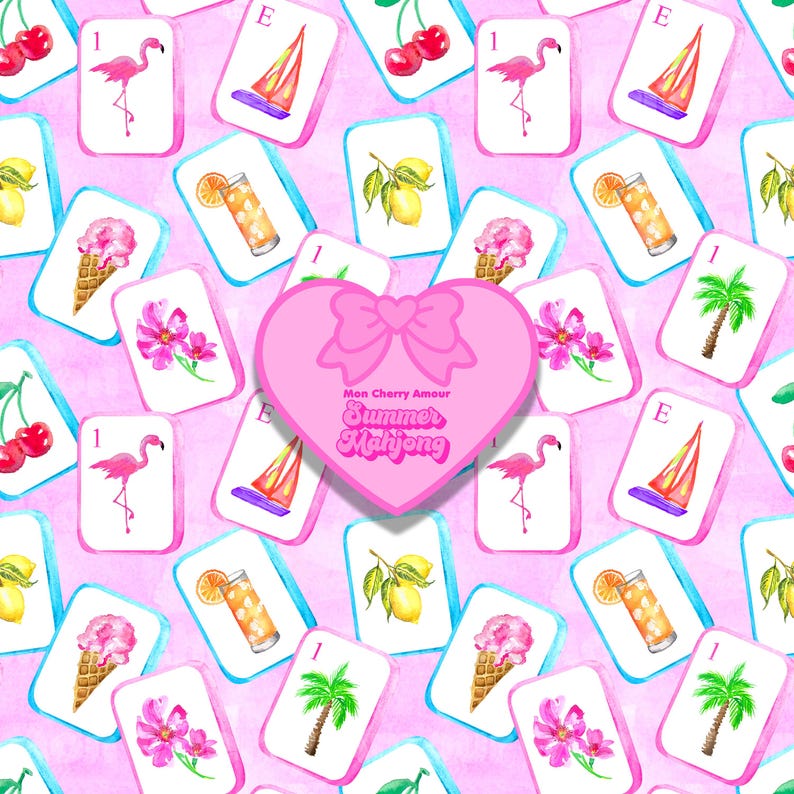 Puede incluir: Un dise&ntilde;o rosa en forma de coraz&oacute;n con un lazo, rodeado de fichas de Mahjong con ilustraciones de acuarela de un flamenco, un velero, cerezas, limones, helado, flores, un c&oacute;ctel y una palmera. El texto "Mon Cherry Amour Summer Mahjong" est&aacute; en el coraz&oacute;n.