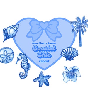 Può includere: Set di clipart acquerello blu con una cornice a forma di cuore che dice "Mon Cherry Amour Coastal Chic clipart". Il set include una conchiglia, una stella marina, una palma, un fiore di ibisco, un dollaro di sabbia e un cavalluccio marino.