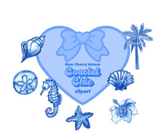 Küsten Enkelin Clipart handgemaltes Aquarell blau & weiß Adrette Grandmillennial Coquette Seestern Seepferdchen Muscheln Hibiskus Toile