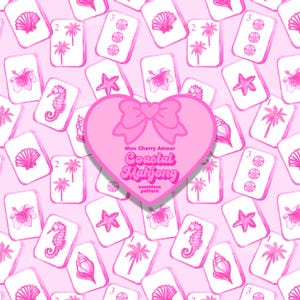 May include: A pink seamless pattern featuring watercolor-style mahjong tiles with coastal imagery like seashells, seahorses, and palm trees. A pink heart-shaped graphic with the text "Mon Cherry Amour Coastal Mahjong" is centered on the design.