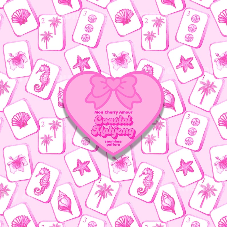 May include: A pink seamless pattern featuring watercolor-style mahjong tiles with coastal imagery like seashells, seahorses, and palm trees. A pink heart-shaped graphic with the text "Mon Cherry Amour Coastal Mahjong" is centered on the design.