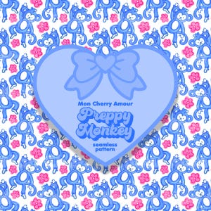 May include: A blue heart-shaped graphic with a blue bow and the text "Mon Cherry Amour Preppy Monkey seamless pattern". The background is a white seamless pattern of blue monkeys and pink flowers.