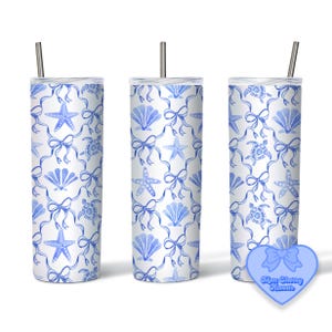 Vaso delgado Coastal Granddaughter de 20 oz con diseño de sublimación PNG, recto y cónico, pintado a mano, acuarela, lazos azules preppy, tortuga