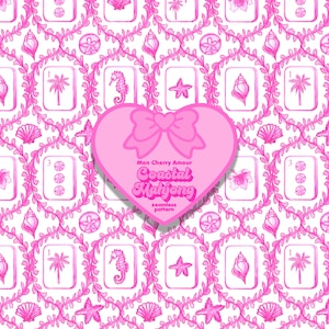 May include: A seamless pattern featuring pink coastal elements like seashells, seahorses, and palm trees, arranged in a repeating design. The pattern includes the text "Mon Cherry Amour Coastal Mahjong" on a pink heart.