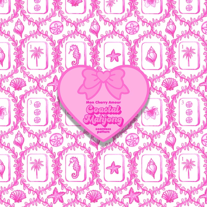 May include: A seamless pattern featuring pink coastal elements like seashells, seahorses, and palm trees, arranged in a repeating design. The pattern includes the text "Mon Cherry Amour Coastal Mahjong" on a pink heart.