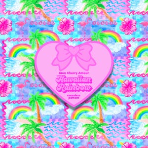 以下が含まれることがあります： 「Mon Cherry Amour Hawaiian Rainbow seamless pattern」というテキストが入ったピンクのハート型のグラフィック。背景は、虹、ヤシの木、フラミンゴ、ハイビスカスの花が描かれた水彩模様のピンク、ブルー、グリーンです。