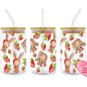 Strawberry Bunny Glass Can Tumbler: Cottagecore UV DTF Sublimation Design (Digital Download)