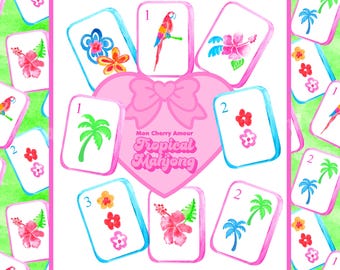 Tropiska Mahjong-plattor - Beachy Mahjong clipart - Mahjong PNG - Mahjong sömlöst mönster - Hawaiian Beach Rosa & Grön Preppy