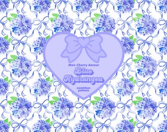 Coquette Blue Hydrangea Bow Seamless Pattern Trellis Grandmillennial Preppy Coastal Granddaughter