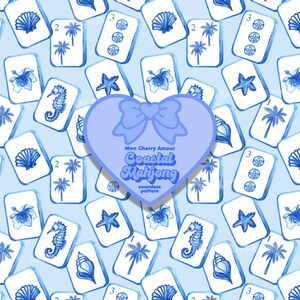 May include: A seamless pattern of blue and white Mahjong tiles with coastal-themed illustrations, including seashells, palm trees, seahorses, and hibiscus flowers. A heart-shaped graphic with the text "Mon Cherry Amour Coastal Mahjong" is overlaid on the design.