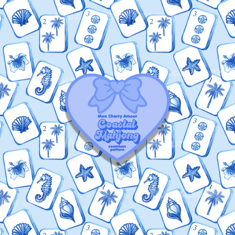 May include: A seamless pattern of blue and white Mahjong tiles with coastal-themed illustrations, including seashells, palm trees, seahorses, and hibiscus flowers. A heart-shaped graphic with the text "Mon Cherry Amour Coastal Mahjong" is overlaid on the design.
