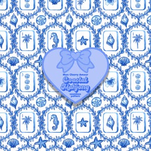 May include: A seamless pattern featuring blue watercolor illustrations of seashells, seahorses, starfish, and palm trees. The design includes Mahjong tiles and a heart-shaped graphic with the text "Coastal Mahjong".