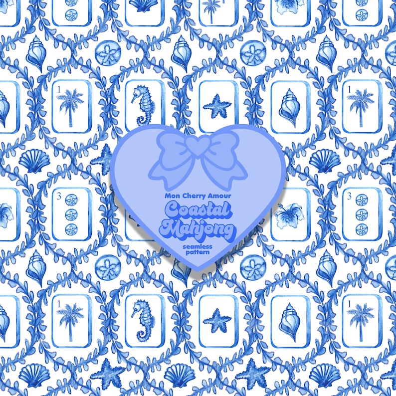 May include: A seamless pattern featuring blue watercolor illustrations of seashells, seahorses, starfish, and palm trees. The design includes Mahjong tiles and a heart-shaped graphic with the text "Coastal Mahjong".