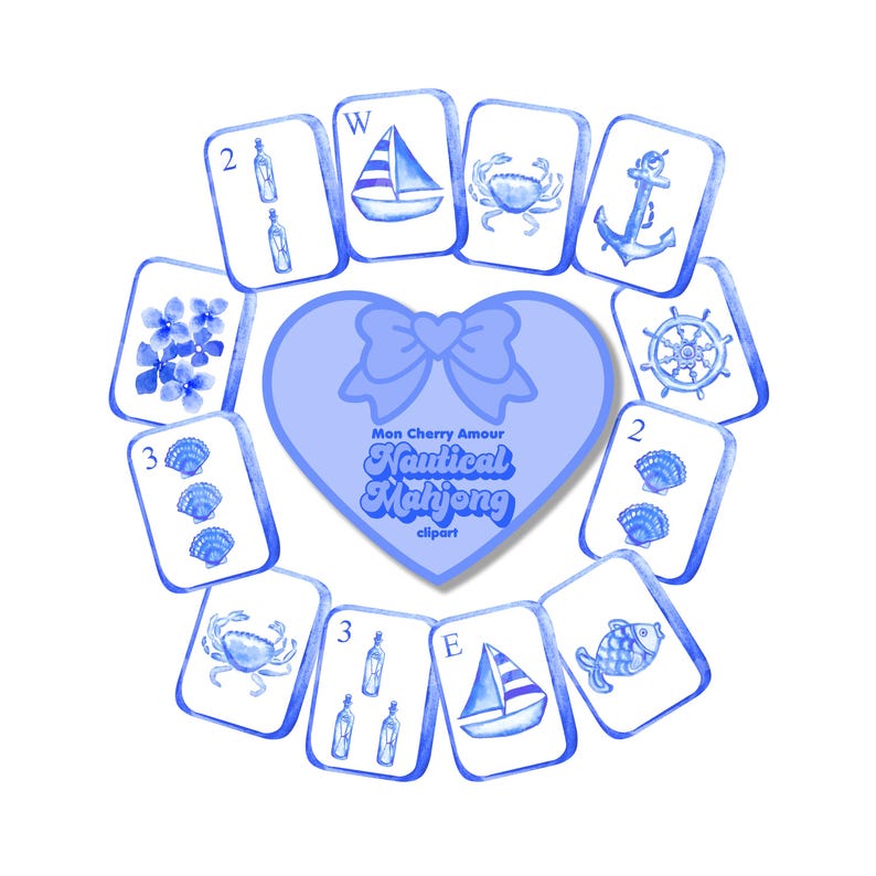Kustnära Mahjong-plattor PNG - Beachy Mahjong Clipart - Nautisk Mahjong - Grandmillennial Blå & Vit Preppy - Hortensiablommor bild 1