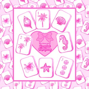 May include: Pink Coastal Mahjong set featuring watercolor illustrations of seashells, seahorses, palm trees, and hibiscus flowers. The set includes tiles with numbers and the text "Mon Cherry Amour Coastal Mahjong".