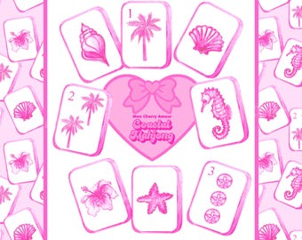 Kustnära Mahjong-plattor - Beachy Mahjong clipart - Mahjong PNG - Mahjong sömlöst mönster - Grandmillennial Rosa & Vit Preppy