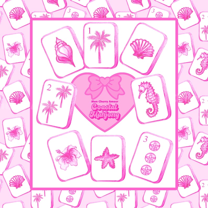 May include: Pink Coastal Mahjong set featuring watercolor illustrations of seashells, seahorses, palm trees, and hibiscus flowers. The set includes tiles with numbers and the text "Mon Cherry Amour Coastal Mahjong".
