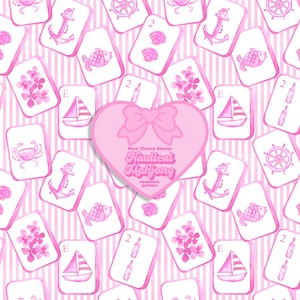 May include: A seamless pattern featuring pink watercolor illustrations of nautical icons like anchors, sailboats, crabs, fish, shells, and ship wheels on a striped background, overlaid with a heart-shaped label reading Mon Cherry Amour Nautical Mahjong.
