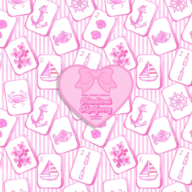 May include: A seamless pattern featuring pink watercolor illustrations of nautical icons like anchors, sailboats, crabs, fish, shells, and ship wheels on a striped background, overlaid with a heart-shaped label reading Mon Cherry Amour Nautical Mahjong.