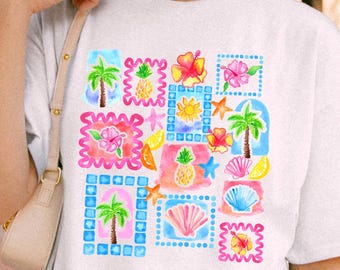 Watercolor Summer Collage PNG: Tropical Beach Design (Digital Download)