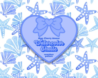 Watercolor Shells Seamless Pattern: Coastal Blue & White (Digital Download)
