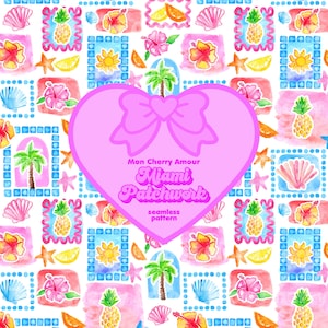 Könnte beinhalten: Ein nahtloses Aquarellmuster mit tropischen Elementen wie Ananas, Hibiskusblüten, Palmen und Muscheln. Das Design enthält ein rosa Herz mit dem Text "Mon Cherry Amour Miami Patchwork seamless pattern".