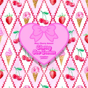 May include: A pink seamless pattern featuring watercolor illustrations of cherries, strawberries, and ice cream cones. A pink heart-shaped graphic with a bow and the text "Mon Cherry Amour Cherry Ice Cream seamless pattern" is centered.