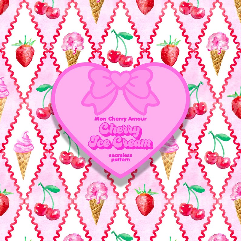 K&ouml;nnte beinhalten: Ein rosa nahtloses Muster mit Aquarellillustrationen von Kirschen, Erdbeeren und Eiswaffeln. Eine herzf&ouml;rmige rosa Grafik mit einer Schleife und dem Text "Mon Cherry Amour Cherry Ice Cream seamless pattern" ist zentriert.