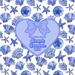 Coastal Granddaughter Hand Painted Watercolor Shells Seamless Pattern Blue White Grandmillennial Beach Summer Preppy Aesthetic Nautical