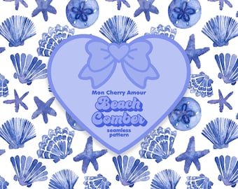 Watercolor Shells Seamless Pattern: Blue Coastal Granddaughter Design (PNG Digital Download)
