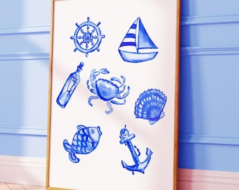 Watercolor Coastal Print: Preppy Nautical Wall Art (Digital Download