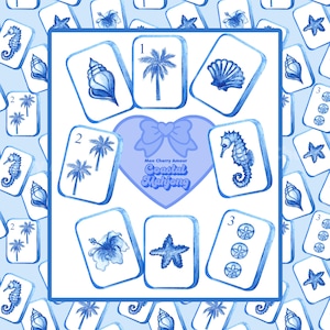 May include: Coastal Mahjong set with a blue and white watercolor design. The tiles feature seahorses, seashells, palm trees, and starfish. The set includes the text "Mon Cherry Amour Coastal Mahjong" in a heart-shaped design.