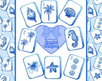Küsten Mahjong Fliesen - Beachy Mahjong Clipart - Mahjong PNG - Mahjong nahtlose Muster - Grandmillennial Blau & Weiß Preppy